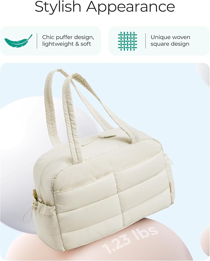 BAGSMART Gym Bag for Women, Lightweight Puffer Duffle Bag 2-PC Travel Bag, 31L Weekender Overnight Bag Quilted Carry On Tote Bag, Diaper Hospital Dance bag for Travel, Gym, Water Resistant, Beige