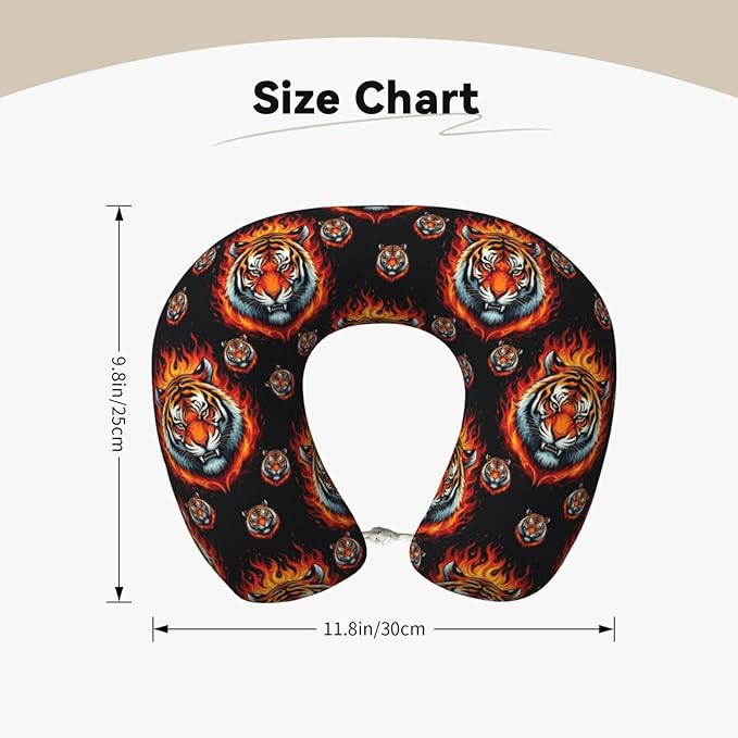 Travel Neck Pillows for Sleeping Rest Car Airplanes Wild and Angry Tiger Fire Flame King Roar Art, Memory Foam with Removable Breathable Zipper Cover Washable for Men Women