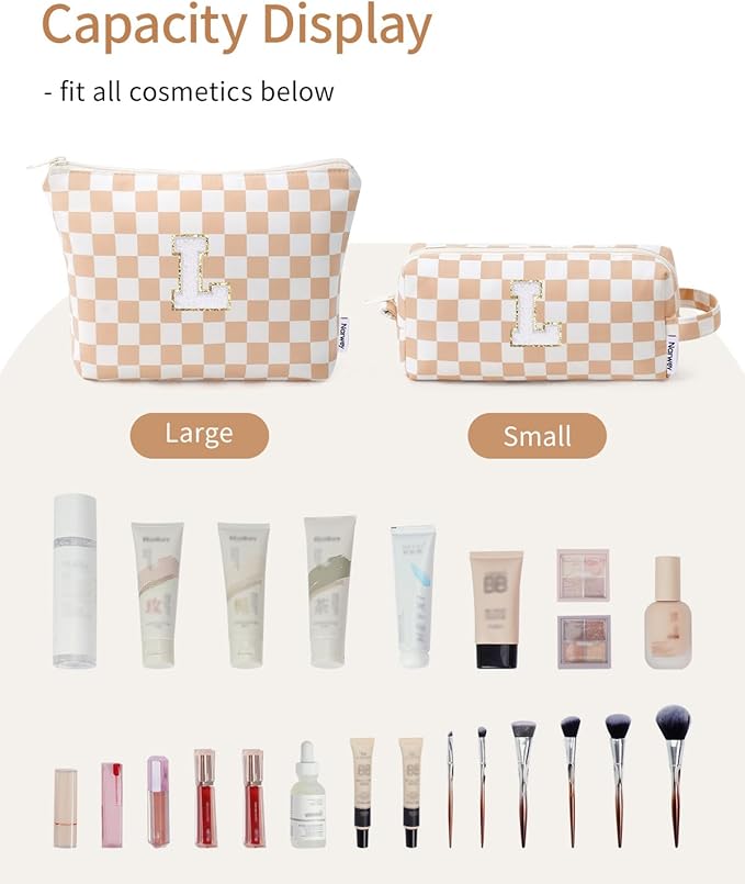 Narwey 2 Piece Personalized Initial Makeup Bag Checkered Cosmetic Bags, 6 8 10 11 12 13 14 16 18 Years Old Teen Girl Gifts Trendy Stuff Birthday Gifts for Women, Travel Toiletry Bag (Brown Letter L)