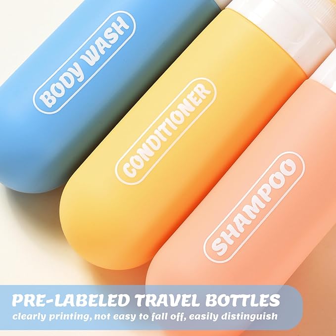 Silicone Travel Bottles for Toiletries with Labels, 3oz TSA Approved Squeezable Travel Size Containers, Leak Proof Travel Shampoo and Conditioner Bottles with Toiletry Bag (4 Pack, Light Color)