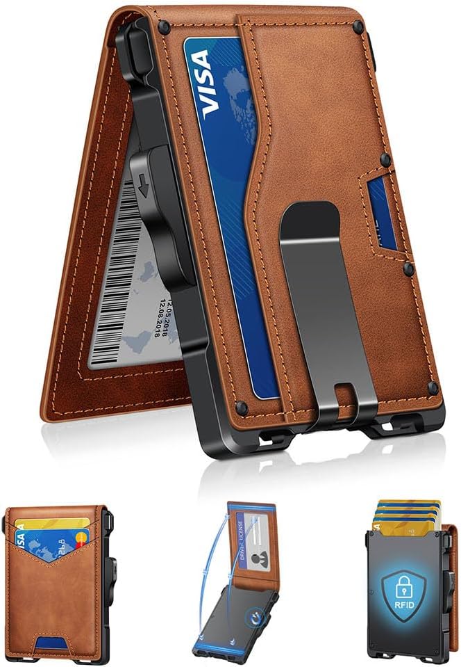 Wallet for Men, Minimalist Slim Mens Wallet with Money Clip, RFID Blocking Smart Pop Up Card Wallet with ID Window, Compact Bifold Wallet, Metal Aluminum Credit Card Holder（Brown）