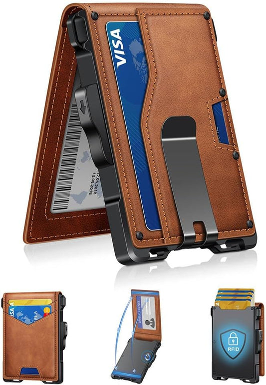 Wallet for Men, Minimalist Slim Mens Wallet with Money Clip, RFID Blocking Smart Pop Up Card Wallet with ID Window, Compact Bifold Wallet, Metal Aluminum Credit Card Holder（Brown）
