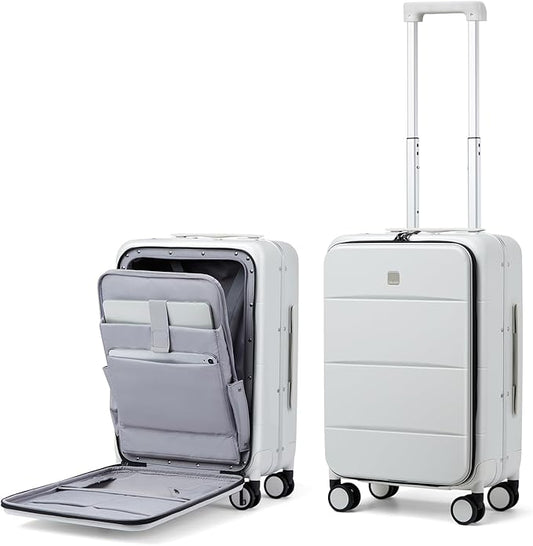 MILADA Carry On Luggage 22x14x9 Airline Approved Spinner Wheels TSA Luggage 20 Inch Hard Shell Suitcases Front Opening Pocket Rolling Aluminum Frame Travel Luggage,Smoke White