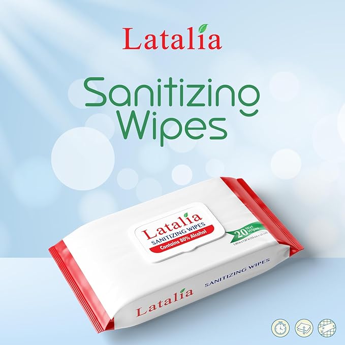 Latalia Hand Wipes Pack of 5 | 80% Alcohol Hand Sanitizer Wipes for Hands & Face Moisturizing, Gentle, Convenient and Fragrance Free (20 Counts)