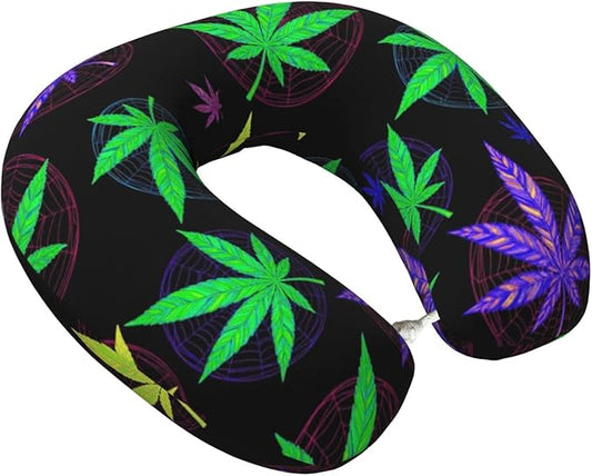 Comfortable Travel Pillow for Pain Relief Sleeping, Memory Foam Airplane Car Neck Pain Pillows Trippy Weedleaf Leaves Purple Black, Funny Chin Head Support Cushion