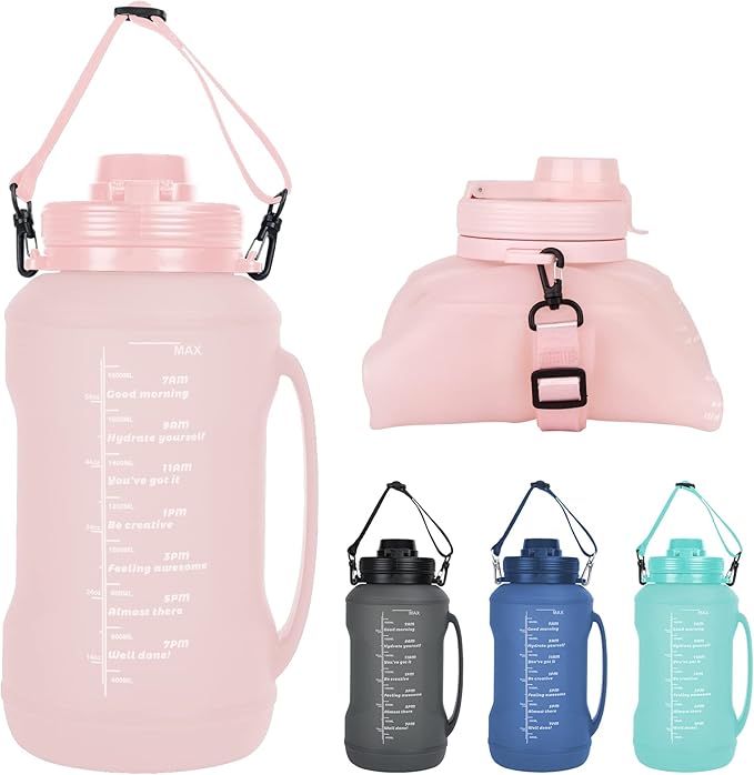 Collapsible Water Bottles, 2L/64OZ travel water bottle Bottle with Straw, Half Gallon Large Water Bottle for Travel Outdoor Sports Runing Fitness Yoga (Upgraded pink)