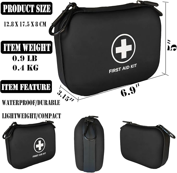 First Aid Kit 196 Piece Waterproof Hard Shell Portable Survival Kit for Home, Camping, Cars, Hiking, Travel, Outdoor, Adventure Emergency Medical Kits (Black)