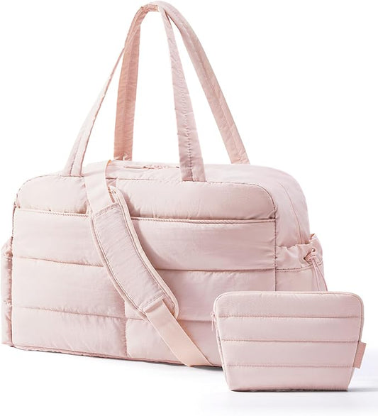 BAGSMART Gym Bag for Women, Lightweight Puffer Duffle Bag 2-PC Travel Bag, 31L Weekender Overnight Bag Quilted Carry On Tote Bag, Diaper Hospital Dance bag for Travel, Gym, Water Resistant, Pink