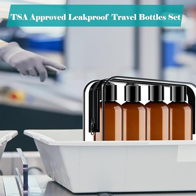 Toiletry Travel Bottles, 4Pack 3.4oz/100ml - Squeezable Plastic Containers with Flip Caps - Refillable Cosmetic Kit for Shampoo, Conditioner, Lotion, and Travel Essential- Brown