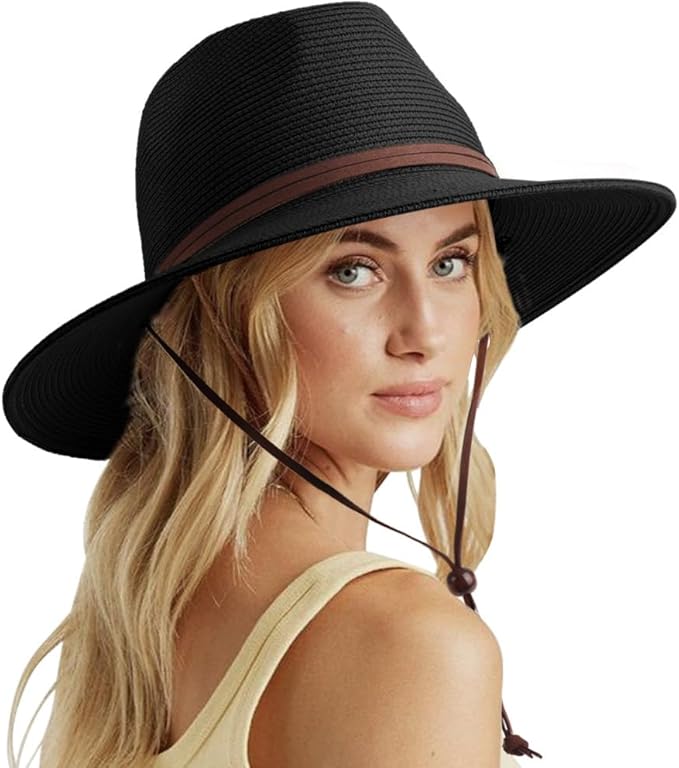 DRESHOW Women Straw Panama Hat Travel Fedora Beach Sun Hat Summer Wide Brim Straw Roll up Hat UPF 50+
