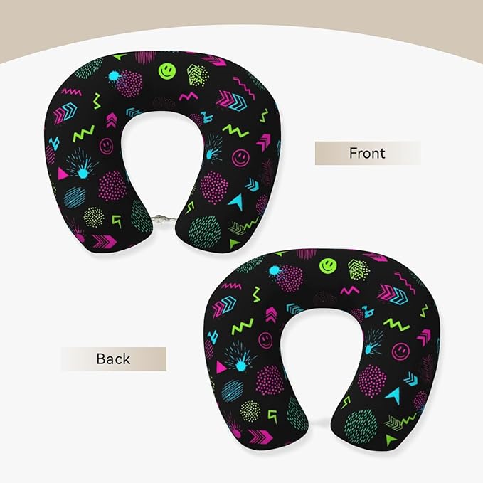 Breathable Neck Pillow for Sleeping Rest Nap 80s 90s Geometric, Airplanes/Car/Home Memory Foam Travel Cushion with Polyester Cover Washable for Women Men