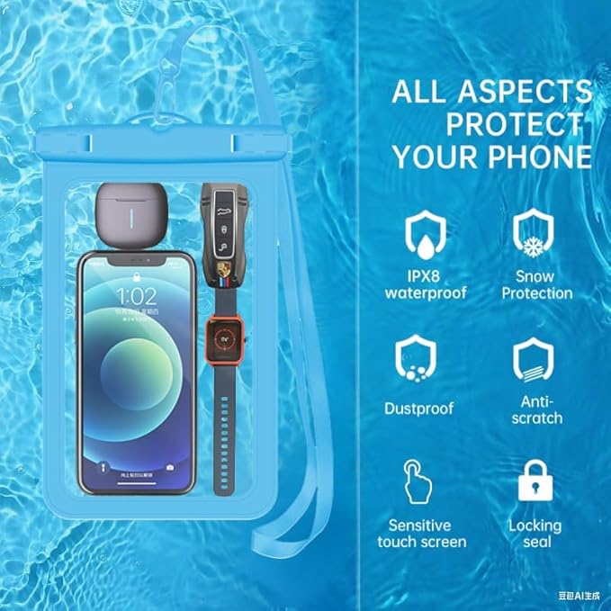 [Up to 6.9"+Up to 8.9" 2 Pack Waterproof Phone Pouch Case,Waterproof Phone Bag for iPhone 17 16 15 14 13 Pro Max Plus Galaxy S25 Ultar,IPX8 Cellphone Dry Bag Beach Travel Essentials-Blue