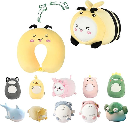 Kids Travel Pillow - 2-in-1 Deformable Kids Neck Pillow for Traveling, Soft U-Shaped Pillow with Adorable Animal Design, Comfy Sleep and Play, Ideal for Airplane Traveling - Yellow Bee