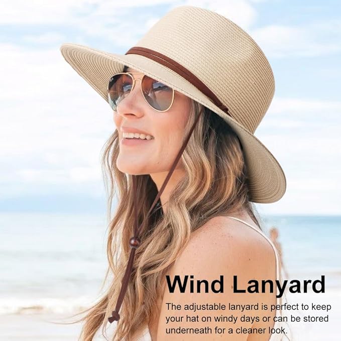 DRESHOW Women Straw Panama Hat Travel Fedora Beach Sun Hat Summer Wide Brim Straw Roll up Hat UPF 50+