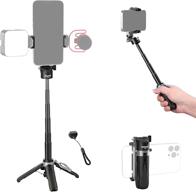 NEEWER Selfie Stick with Detachable Bluetooth Remote Shutter, Lightweight Foldable Travel Tripod for iPhone for YouTube/TikTok Vlogs Live Streaming Photography, Black, P15