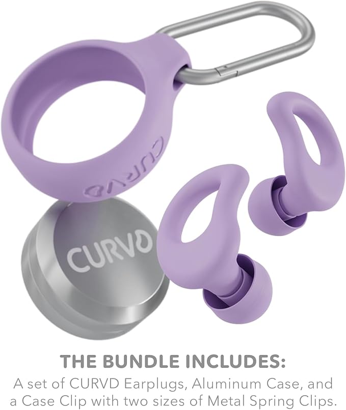 CURVD Everyday Earplugs + Case Clip Bundle, The Perfect earplug for Sleep, Travel, Noise Sensitivity/canceling + Case Clip Package Portable Waterproof Container & Silicone Sleeve for Ear Plugs(Purple)