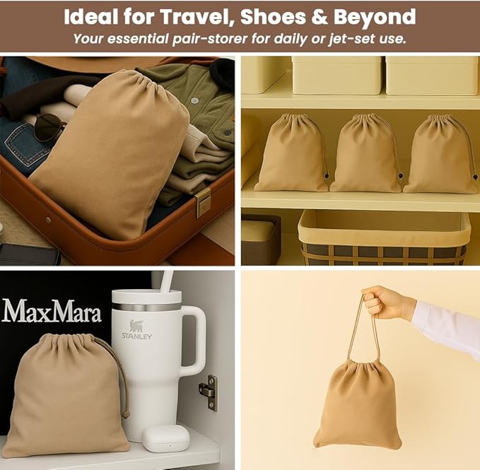 LFH Cotton Rich Shoe Storage Bags with Drawstring, Dustproof Breathable Reusable Organizer, Perfect For Travel, Dorm, Hotel, College, Gym, Easy to Carry, Machine Washable 12"x17" (Pack of 2) - Beige