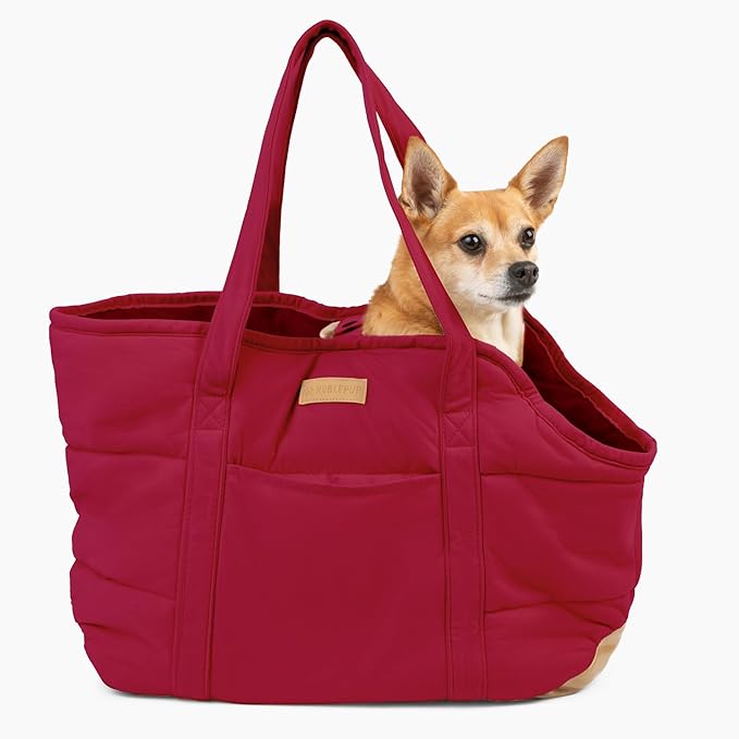 NoblePup Plush Dog Purse Carrier for Small Dogs, Soft Dog Tote Bag with Safety Harness Clip, Cozy Pet Carrier for Dogs Under 15 lbs, Comfortable Dog Shoulder Carrier for Travel, Red