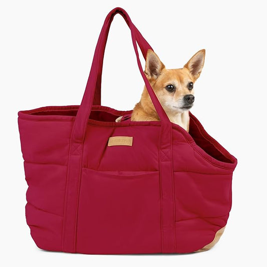 NoblePup Plush Dog Purse Carrier for Small Dogs, Soft Dog Tote Bag with Safety Harness Clip, Cozy Pet Carrier for Dogs Under 15 lbs, Comfortable Dog Shoulder Carrier for Travel, Red