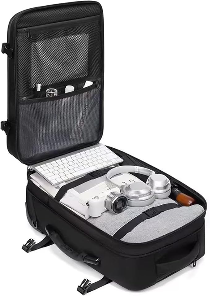 60L Vacuum Compression Backpack with Wheels Expandable Men Waterproof Carry On Luggage Travel Backpacks 17 inch Laptop Backpack Flight Approved (No Pump)