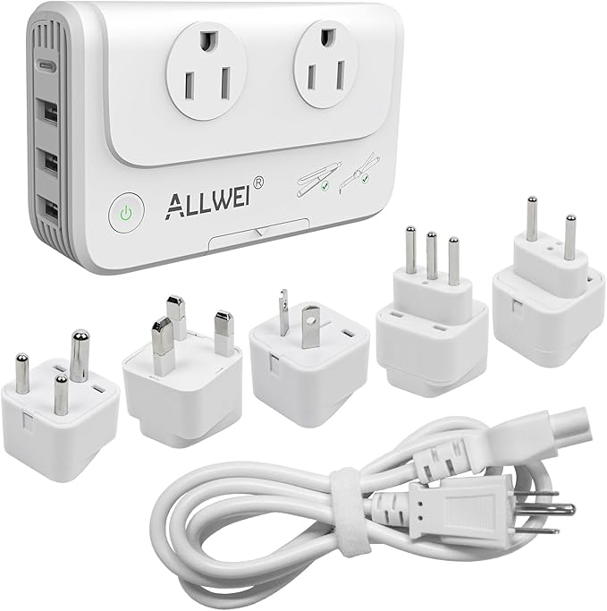 ALLWEI International Travel Adapter 220V to 110V Power Voltage Converter for Hair Straightener/Curling Iron, Universal Power Plug Adapter UK, US, AU, EU, IT, India (White)