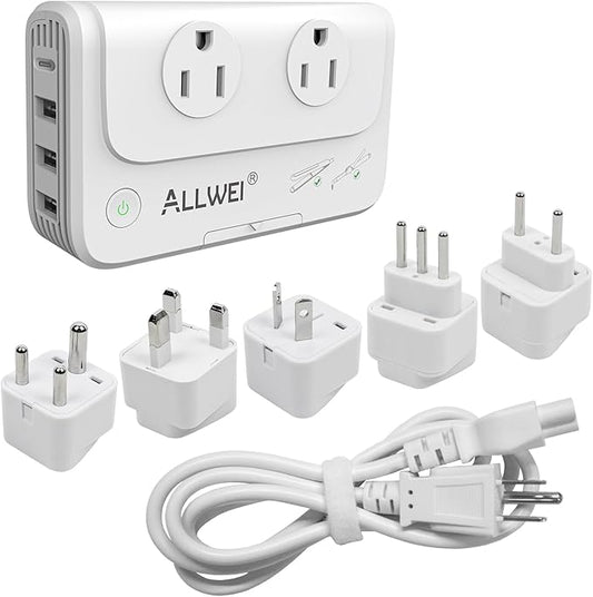 ALLWEI International Travel Adapter 220V to 110V Power Voltage Converter for Hair Straightener/Curling Iron, Universal Power Plug Adapter UK, US, AU, EU, IT, India (White)