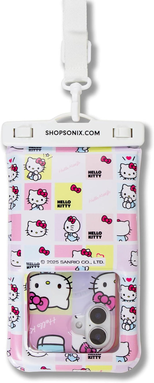 Sonix x Sanrio Waterproof Phone Pouch - Floating Phone Case Dry Bag w/Crossbody Lanyard - Beach Cruise Travel Essentials - Compatible w/All Devices, Touchscreen Friendly | Hello Kitty Grid