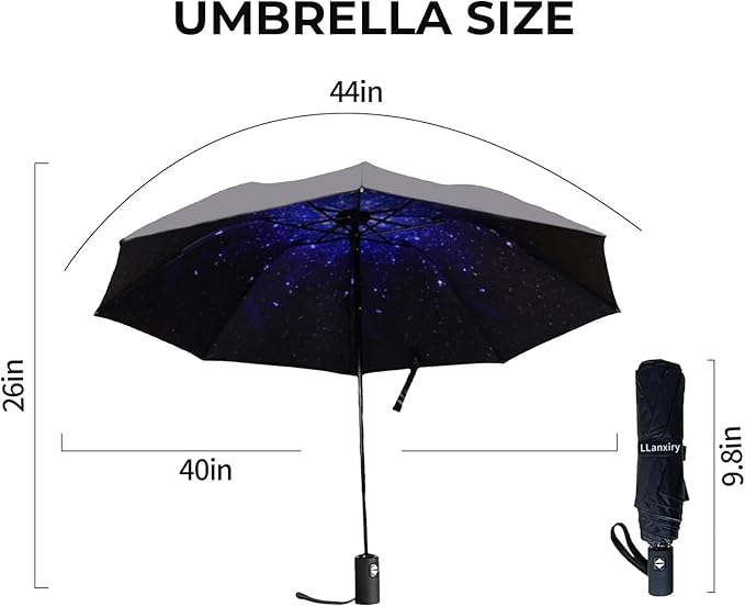 LLanxiry Compact Travel Umbrella, 44" Canopy, Automatic Open/Close Windproof Umbrella, 210T Pongee, 8-Rib Fiberglass, Travel Size Mini, Portable Rain/Sun Umbrellas UPF 50+ with Cover