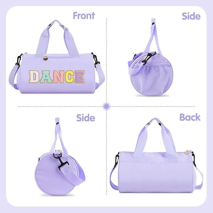 Dance Ballet Bag for Girls, Personalized Sport Gym Workout Toddler Duffel Bag Small Cheer Dance Bags, Cute Chenille Letter Waterproof Duffel Bags Gifts for Teens Girl Dancers Athletes(Purple)