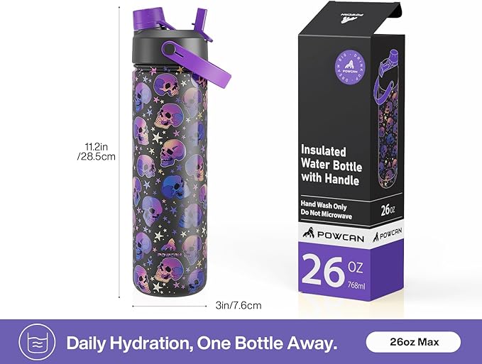 26 oz Insulated Water Bottle with 2-in-1 Straw and Spout Lid, Keep Cold 24H, Leak-Proof, Fits in Car Cup Holder, Stainless Steel Water Bottle for Gift, Trip, Holiday, Sports (Skull Realm)