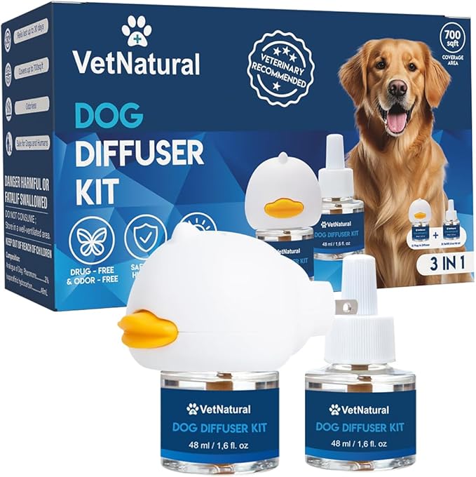 GÜLLÜOGLU Vetnatural Dog Calming Diffuser Plug-in with Natural Pheromone Formula – 60 Day Refill Kit for Dogs, Stress & Anxiety Relief, Indoor Behavior Support