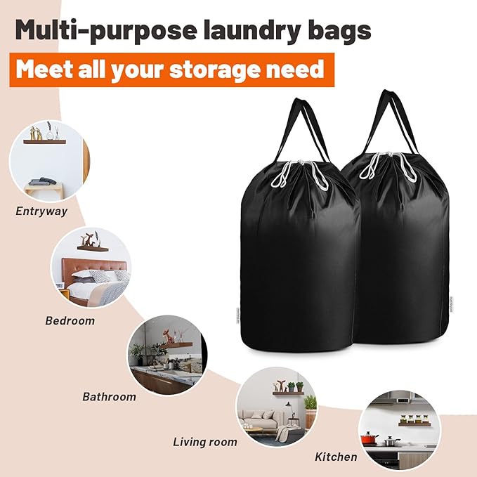 MCleanPin Washable Laundry Bags with Handles,140L Dirty Clothes Storage Bag for College Dorm or Travel, Laundry Liner Fit Most Laundry Hamper or Basket,2 Pack (Classic Black)