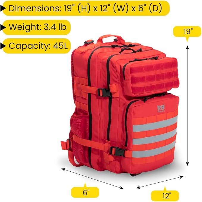 Xtreme 45L Tactical Backpack – Large Travel and Hiking Pack with 16 inch Laptop Sleeve, Stick Holder, Double Bottle Pockets, Recycled Fabric Shell, Rain Cover (Red)