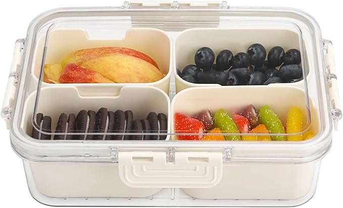 4 Compartment Snack Box Container Tray, Divided Serving Tray with Lid, Mini Small Snackle Box, Portable Charcuterie Container for Party, Picnic, Travel, Food Platter for Snack, Fruits, Veggies