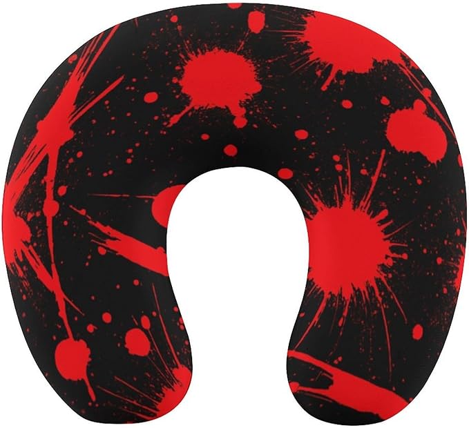 Teens Neck Pillow U-Shaped Memory Foam Travel Support, Red Blood Stains Black U-Shape, Washable Airplane Car Office Pillow