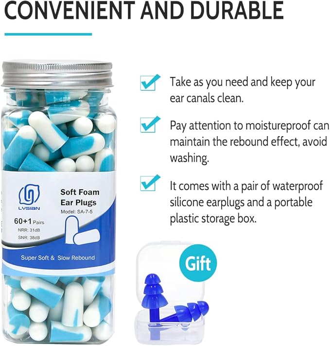 LYSIAN Noise Cancelling Earplugs for Sleep - 60 Pairs, 38dB Disposable Ear Plugs for Sleeping, Snoring, Shooting, Mowing Loud Sound Reduction- Double Color Light Blue/White