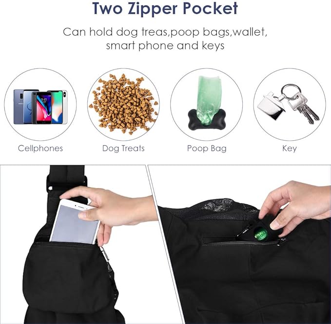 SlowTon Dog Carrier Sling - Hard Bottom Support Dog Carriers for Small Dogs with Adjustable Padded Shoudler Strap, Dog Purse for Puppy Cat Pet with Drawstring Opening Storage Zipper Pockets (Black)