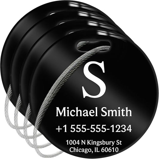 Stainless Luggage Tags for Suitcases 4 Pack: Metal Personalized Luggage Tags for Backpacks & Bags with Customizable Texts (Black)