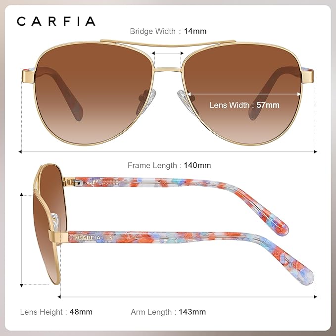 CARFIA Retro Trendy Pilot Sunglasses for Women Polarized UV Protection, Lightweight Outdoor Driving Lady Sunnies Metal Frame