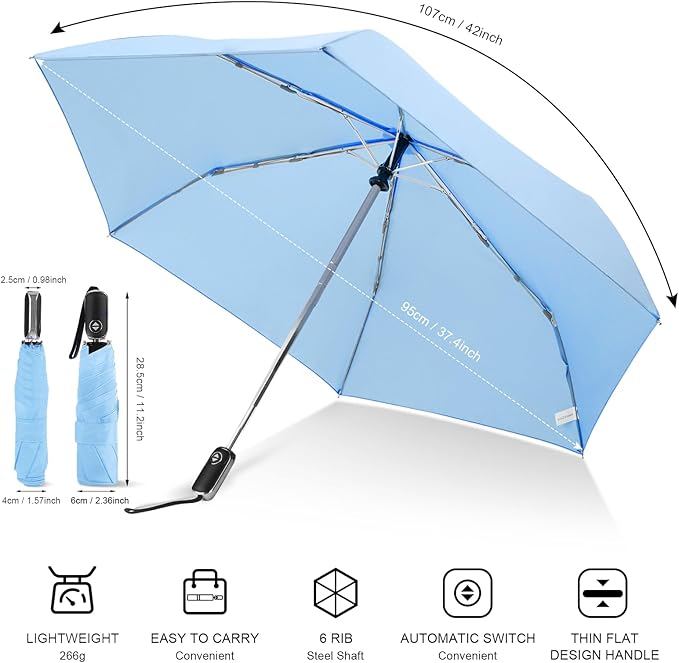 LEAGERA Compact Travel Umbrella for Purse - Flat Handle, Waterproof for Light Rain