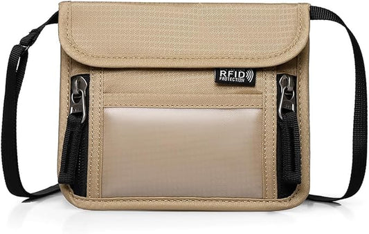 Passport Holder for Travel Pouch Neck Wallet for Traveling Women Men with RFID Blocking Waterproof and Slim Neck Pouch Adjustable Neck Strap (Khaki)