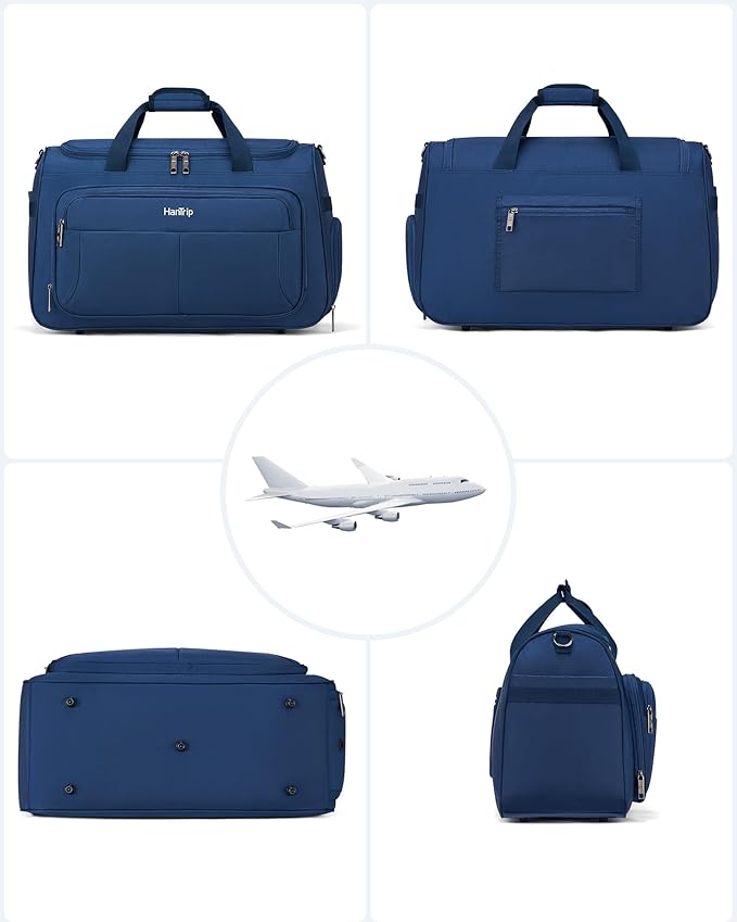 HanTrip Carry on Duffel Bag Foldable Duffle Bags for Travel, Large Personal Item Bags for Airplanes, Weekender Overnight Mens Travel Tote Bag for Women Softside Carry on Luggage (Blue)
