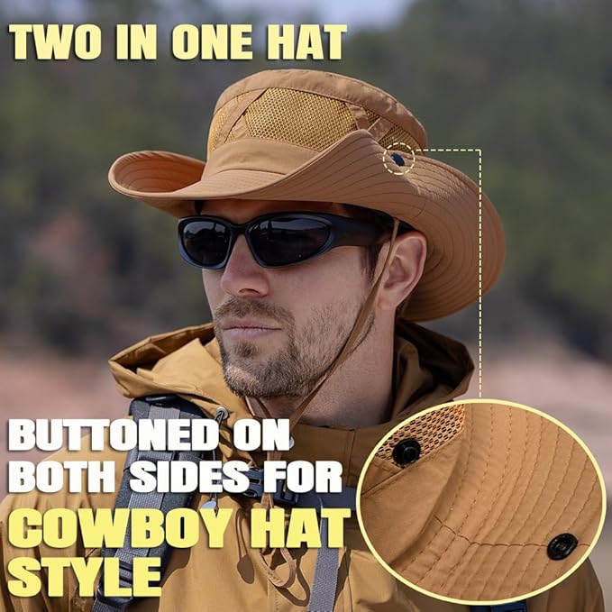Fishing Hat UPF50+ Wide Brim Sun Hat for Men Women, Water Resistant Summer Sun Protection Safari Hat Hiking Bucket Hat