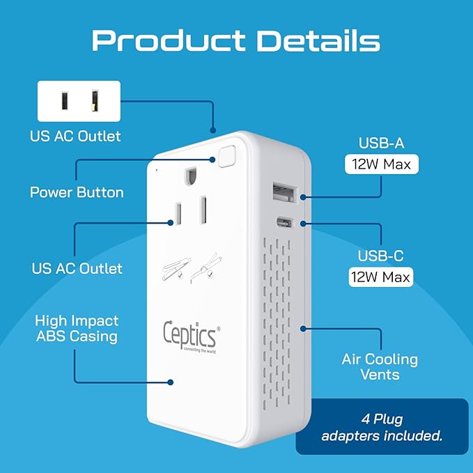 Ceptics 200W Step Down Voltage Converter - 220v to 110v Voltage Converter for Curling Iron, Straightener, Charger – USB-A & C Fast Charging – Type C Power Cord with A, G, I, E/F Plugs Included
