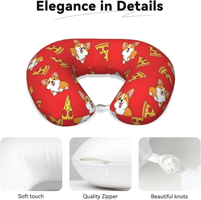 Neck Pillow Memory Foam Travel Pillows Comfortable for Airplane Flight Car Travel Office Nap and Sleeping, Funny Cushion for Head Shoulder Corgi Junk Food Cute Dogs Pizzas