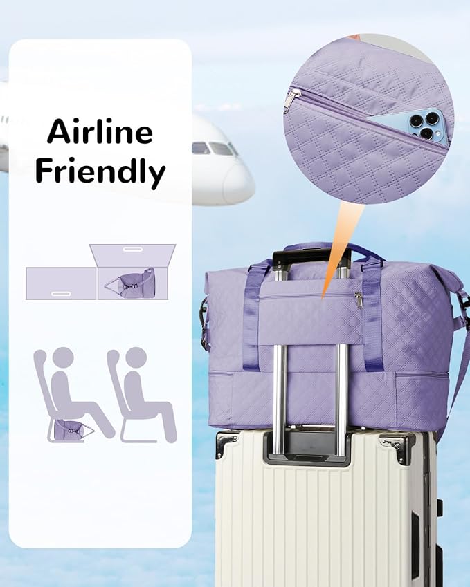 50L Large Travel Duffel Bag with Shoe Compartment & Toiletry Bag for Women, Carry on Bags with Wet Pocket, Purple