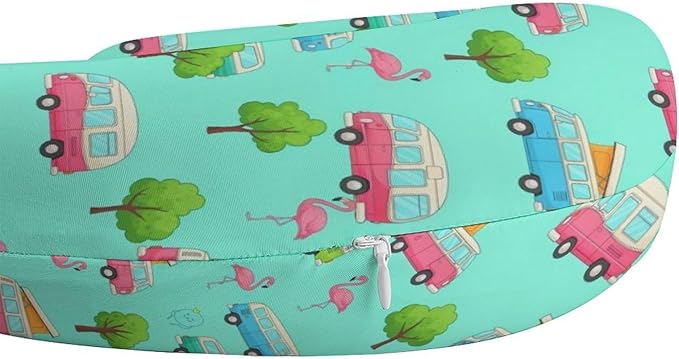 Travel Neck Pillow Memory Foam U Shaped Cushion Happy Camping Flamingo Mint Green, Washable Cover for Airplane Car Office Home Sleeping Pain Relief