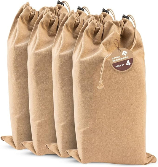 LFH Cotton Rich Shoe Storage Bags with Drawstring, Dustproof Breathable Reusable Organizer, Perfect For Travel, Dorm, Hotel, College, Gym, Easy to Carry, Machine Washable 8"x17" (Pack of 4) - Beige