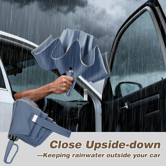 TOPSAIL 10 Ribs Inverted Umbrella with Carabiner Handle, Large Sturdy Folding Umbrellas Windproof for Rain & Sun, 49" Big Reverse Foldadble Umbrella for Travel Portable with Safe Reflective Strip, for Women Men