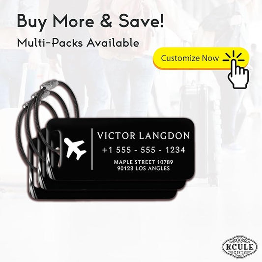 Personalized Luggage Tags for Suitcases - Stainless Steel Custom Luggage Tags for Backpacks & Bags, Sturdy, Waterproof & Heavy Duty (Black / 3" x 1.25")